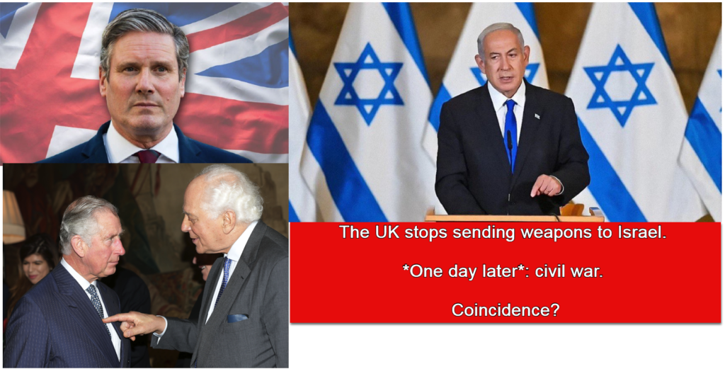 The UK stops sending weapons to Israel. *One day later*: civil war. Coincidence?
