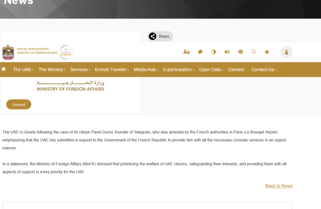 Le ministère des Émirats Arabes Unis , dont Pavel Durov est citoyen, s'en occupe. Pavel sera sûrement libre dans quelques jours, histoire de sauver la face a Emmanuel Macretin et son équipe, et que ce dernier ne va pas risquer le contrat d'armement de 19 milliards de dollars, dont la livraison devrait être en 2027. The UAE is closely following the case of its citizen Pavel Durov, founder of Telegram, who was arrested by the French authorities in Paris–Le Bourget Airport, emphasizing that the UAE has submitted a request to the Government of the French Republic to provide him with all the necessary consular services in an urgent manner. In a statement, the Ministry of Foreign Affairs (MoFA) stressed that prioritizing the welfare of UAE citizens, safeguarding their interests, and providing them with all aspects of support is a key priority for the UAE. https://www.mofa.gov.ae/en/mediahub/news/2024/8/26/26-8-2024-uae-france