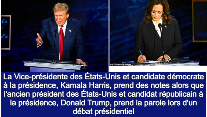 La Vice-présidente des États-Unis et candidate démocrate à la présidence, Kamala Harris, prend des notes alors que l'ancien président des États-Unis et candidat républicain à la présidence, Donald Trump, prend la parole lors d'un débat présidentiel