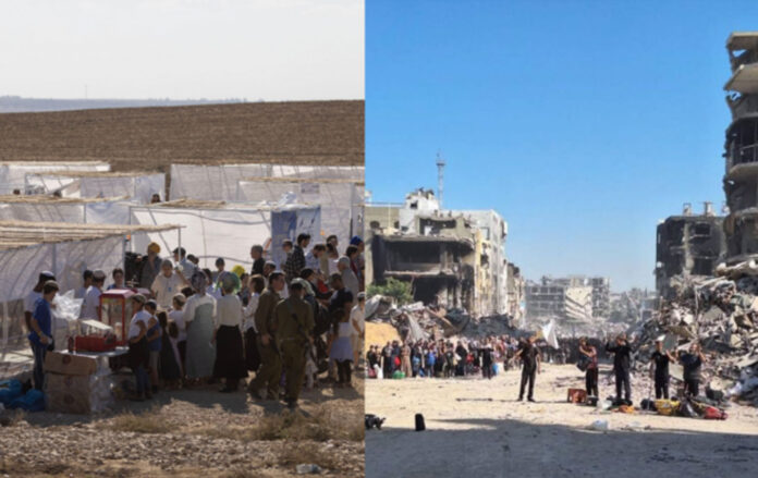 À gauche : des colons israéliens se rassemblent lors d'une manifestation célébrant Souccot près de la bande de Gaza, appelant à l'annexion et à la recolonisation, le 21 octobre 2024. (Oren Ziv) À droite : Des Palestiniens déplacés font la queue sous la menace d'une arme dans les ruines du camp de réfugiés de Jabalia. (Utilisé conformément à la clause 27a de la loi sur le droit d'auteur) Ces photos racontent une histoire qui se déroule si rapidement que ses détails déchirants sont déjà sur le point d’être oubliés. Pourtant, cette histoire pourrait commencer à n’importe quel moment des 76 dernières années : la Nakba de 1948, le « plan Siyag » qui l’a suivie, la Naksa de 1967. D’un côté, des Palestiniens déplacés, emportant tout ce qu’ils peuvent porter, affamés, blessés et épuisés ; de l’autre, des colons juifs joyeux, sanctifiant cette nouvelle terre que l’armée a nettoyée pour eux. Mais l’histoire de ce qui se passe actuellement, de part et d’autre de la barrière de Gaza, tourne autour de ce que l’on appelle le « plan des généraux » — et de ce qu’il cache. Le plan Le « plan des généraux », publié début septembre, poursuit un objectif très simple : vider le nord de la bande de Gaza de sa population palestinienne. Le plan lui-même estimait qu’environ 300 000 personnes vivaient encore au nord du corridor de Netzarim — la zone occupée par Israël qui divise la bande de Gaza en deux — bien que les Nations unies avancent un chiffre plus proche de 400 000.