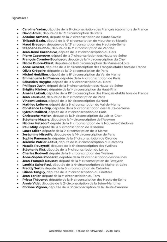 La liste des noms des signataires: Quarante trois députés français, dont une majorité du groupe Renaissance, ont appelé à bloquer le renouvellement du mandat de Francesca Albanese au poste de rapporteur spécial de l’ONU sur les territoires palestiniens
