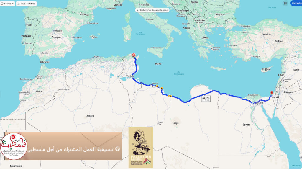 🚨Un convoi se prépare à joindre ses efforts à ceux du navire humanitaire qui transporte @GretaThunberg et la députée européenne @RimaHas 🚨L'organisation de ce convoi terrestre en direction de Gaza est en pleine préparation. Un premier convoi a déjà quitté l'Algérie, et un second est prévu pour demain, le 9 juin 2025. Ce mouvement regroupe des délégations de plusieurs pays, notamment la Mauritanie, le Maroc, l'Algérie, la Tunisie et la Libye. Plus de 7 000 personnes, issues de diverses nationalités, ont déjà manifesté leur volonté de participer. 🚨La carte indique un itinéraire qui débute en Tunisie et qui traversera la Libye pour se diriger vers Rafah, une ville frontalière entre l'Égypte et Gaza. La distance totale à parcourir est d'environ 3 199 km, avec une durée de trajet estimée à 37 heures, impliquant un parcours à travers le désert et le long de la côte méditerranéenne. 🚨L’objectif principal est de mettre un terme au blocus de Gaza. Ces convois cherchent à s'associer aux initiatives du navire humanitaire qui transporte @GretaThunberg et la députée européenne @RimaHas