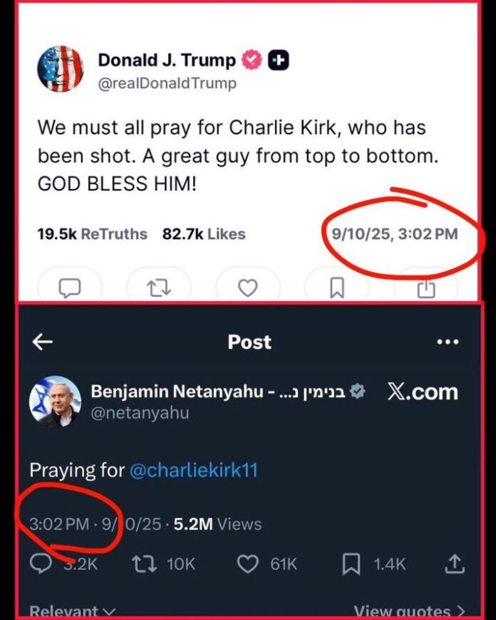 c'est étrange qu'un Premier ministre benjamin Netayaoun et Donald Trump qui est en train de bombarder sept pays à l'autre bout du monde ont tweeté à propos de Charlie Kirk quelques minutes après son assassinat.