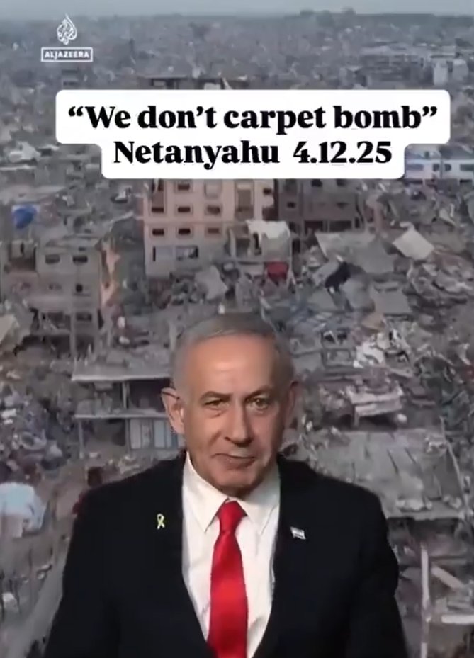 Voici Joe Biden parlant de lui et Netanyahu discutant du bombardement intensif de Gaza. Ils ont évoqué la façon dont les alliés américains ont procédé à un bombardement intensif, comme à Dresde, et le fait que les États-Unis ont largué une bombe atomique. Israël a désormais largué plus de tonnes d'explosifs que Hiroshima et Nagasaki réunies. 
