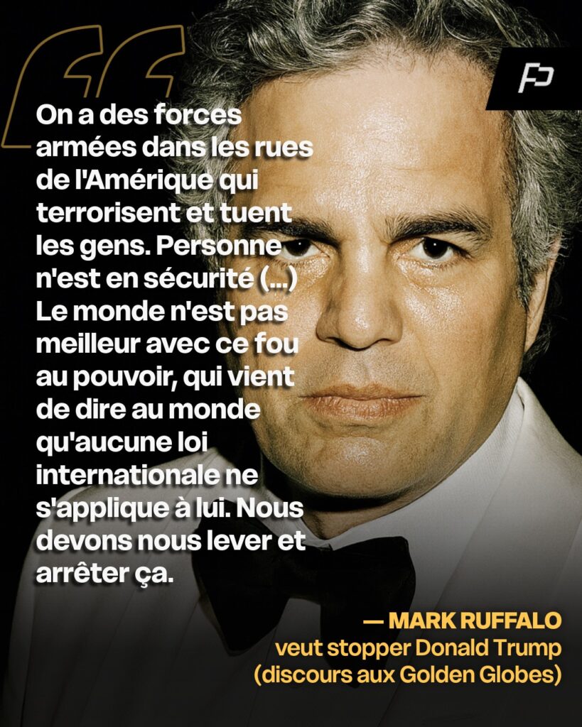 Mark Ruffalo à propos de Donald Trump : « Ce type est un criminel condamné, un violeur condamné, c'est un pédophile. C'est le pire être humain au monde. Si nous nous fions à la moralité de ce type, alors nous sommes tous dans de beaux draps. J'aime ce pays et ce que je vois ici, ce n'est pas l'Amérique. »