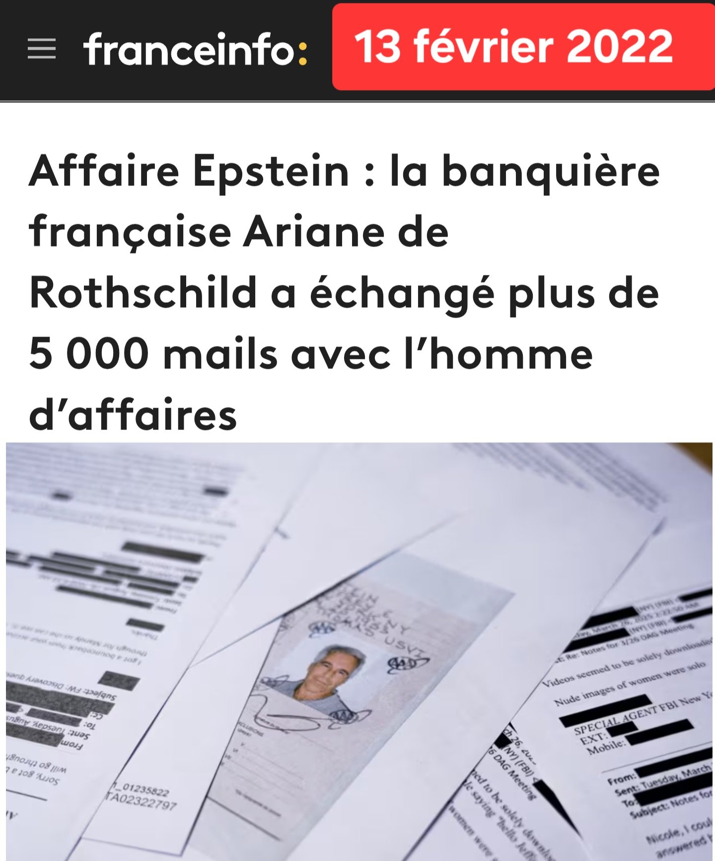 OÙ EST PASSÉE LA PISTE RUSSE ? Epstein avait les pires difficultés à obtenir un visa d'entrée en Russie et aucun officiel russe ne daigna le recevoir. Mais il était en contact permanent avec Ariane de Rothschild : plus de 5000 courriels échangés ! https://franceinfo.fr/monde/usa/affaire-jeffrey-epstein/affaire-epstein-la-banquiere-francaise-ariane-de-rothschild-a-echange-plus-de-5-000-mails-avec-l-homme-d-affaires_7804076.html