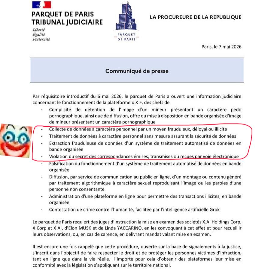  The French government is accusing (https://www.wsj.com/tech/elon-musk-summoned-to-france-to-face-criminal-charges-589acd6c) X and Elon Musk of the very things the French government itself is doing:- Illegally collecting personal data (https://t.me/durov/500)
- Processing personal data without proper security (https://t.me/durov/497)
- Extracting data (https://www.rferl.org/a/spying-france-snowden-us-internet-telephone-eavesdropping/25037453.html) from automated systems
- Violating the secrecy (https://www.theguardian.com/world/2013/jul/04/france-electronic-spying-operation-nsa) of electronic communicationsThe French government is panicking. They know a major political shift in 2027 will expose their misdeeds. So they’re trying to silence free speech platforms under whatever pretext they think they can get away with.✊ The free world should stand with Elon and X against this immoral assault by the French state. Telegram supports our brothers and sisters from X in their fight for our freedoms.