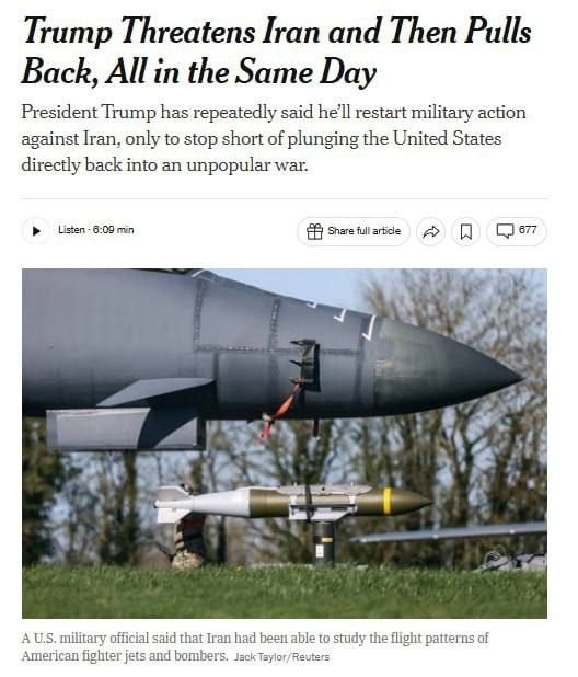 New York Times :Trump a partiellement mis fin aux attaques supplémentaires parce que les responsables du Pentagone ont averti que l'Iran s'adaptait à la campagne aérienne.Les dirigeants iraniens ont étudié les schémas de vol des chasseurs et des bombardiers américains - peut-être avec l'aide de la Russie -, ce qui a rendu les opérations américaines plus prévisibles et a accru l'efficacité de la défense aérienne iranienne.Les responsables ont mentionné le crash d'un F-15E et les dommages subis par un F-35 comme des signes d'un danger accru pour les avions américains.